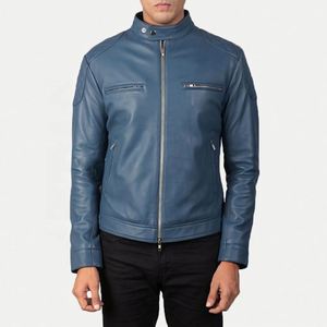 Blouson de motard Gatsby bleu aniline à fermeture éclair pour hommes cuir de mouton véritable avec tissu matelassé pour l'hiver XL - Product Image 3