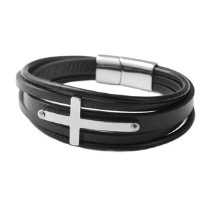 yunnique Cross Shaped Leather Bracelet Black Titanium Steel Unisex Gift Jewelry - Product Image 1