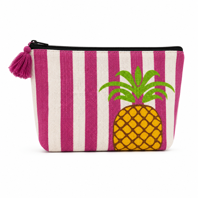 Custom Logo Pineapple Pattern Striped Linen Cosmetic Bag Tassel Zipper Travel Makeup Pouch Women Toiletry Storage OEM ODM