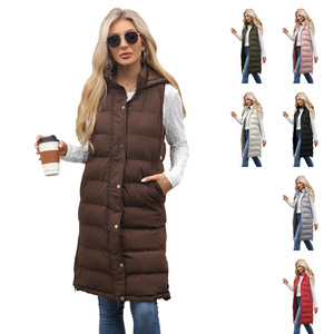 <span class=keywords><strong>Gilet</strong></span> <span class=keywords><strong>long</strong></span> matelassé à capuche pour <span class=keywords><strong>femme</strong></span>, couleur unie, fermeture éclair, boutons-pression, sans manches, en coton rembourré, vêtement d'extérieur - Product Image 1