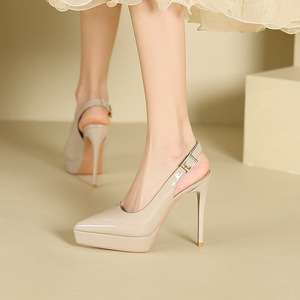 Chaussures pour femmes en cuir verni style coréen, talon aiguille de 12 cm, semelle extérieure en caoutchouc, couleur unie, légères et à semelles épaisses - Product Image 6