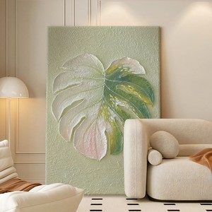 Hand Painted Oil Painting Monstera <b>Leaf</b> Art Rectangle Modern Minimalist Living Room Sofa Background <b>Wall</b> <b>Decor</b> - Product Image 1