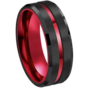 IP黑色电镀时尚8毫米钨镶嵌红色铝制男士戒指浪漫金色订婚戒指TT/WU / Paypal