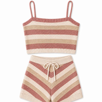 Ensemble décontracté 3 pièces en maille modale pour femme : pull court, short taille haute et pull côtelé rayé – Vente en gros, personnalisation OEM/ODM pour l'hiver