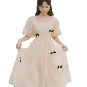 2024 Summer New Super Fairy Dress Square Collar Bubble Short Sleeve Bow Mesh Long Chiffon Skirt Spring Season dress