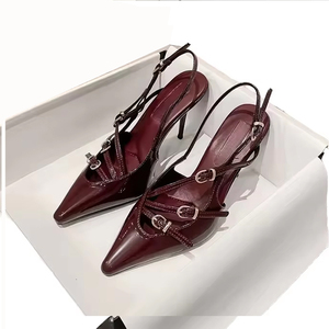 Tacones de Aguja de Charol Borgoña de Alta Calidad para Mujer, Zapatos de Tacón Alto de Primavera Verano con Cierre Deslizante, Tacones Altos Personalizados Cerrados - Product Image 1