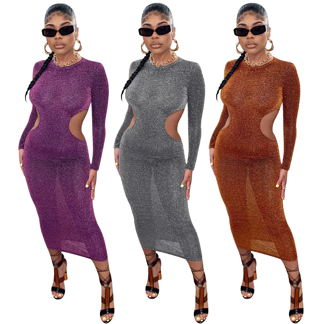Fashionable And Sexy Waistless Dress Women Long Sleeve Solid Transparent Side Cut Out Floor Length Dress Club Party Wear