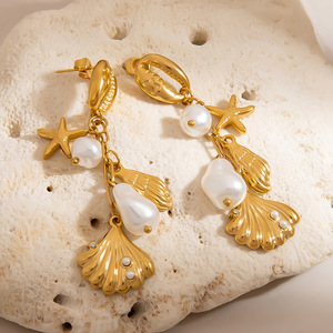 ต่างหูไข่มุกเคลือบทองพร้อมจี้รูปปลาดาวสวมใส่ได้ทุกวัน - Product Image 1