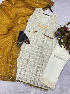 Conjunto de Kurta y Pantalón Dupatta de Georgette Sintética India, Ropa Étnica, Venta al por Mayor de Fábrica, Kurti Estampado Sólido para Mujer, Étnico Indio - Product Image 5