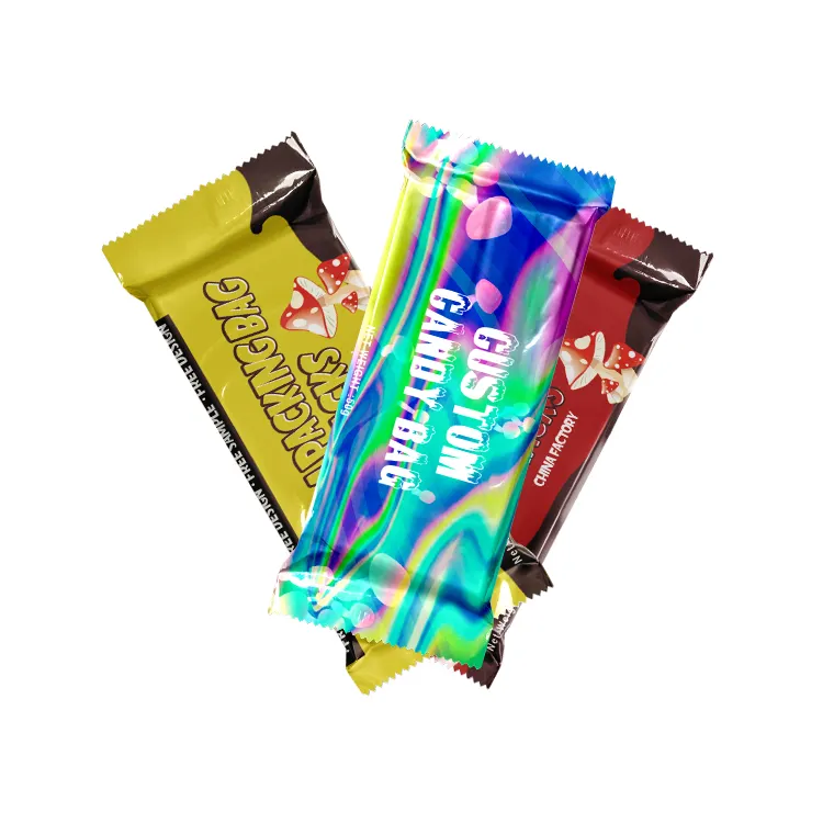 Venta al por mayor personalizado impreso 3 lados sellado a mano de setas barra de chocolate bolsa plana bolsa de embalaje de chocolate