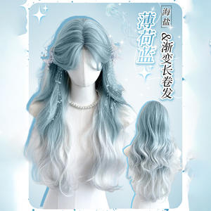 Perruque complète de marque nationale, cheveux longs bouclés, frange latérale, dégradé bleu sel de mer, fibre haute température résistante à la chaleur - Product Image 2