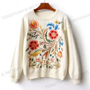 Plus Size High Quality Fashion Crew Neck White Hand Embroidery Sweater Custom Designer Appliques Jumper Women Sweaters 2023