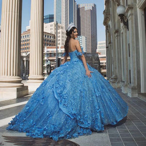 Mumuleo Vestidos de Debutante Azul Celeste Estilo Baile com Contas e Flores 3D para Formatura Aniversário Princesa Festa de 15 e 16 Anos Vestidos - Product Image 1