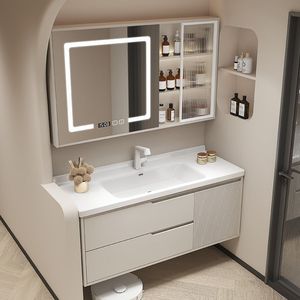 Meuble de salle de bain en chêne avec lavabo intégré en céramique, simple et intelligent - Product Image 4