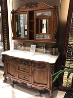 Meuble de salle de bain en chêne rouge de luxe léger, en bois massif, style européen antique, avec double vasque et miroir inclus