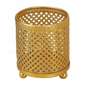 Oro redondo oro metal hierro belleza herramientas tocador maquillaje cepillo almacenamiento cubo organizador tubo almacenamiento caso - Product Image 1