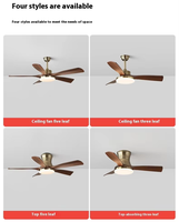 Ventilateur de plafond moderne en bois et cuivre avec télécommande, 42/52 pouces, 3/5 pales droites, avec éclairage LED intégré