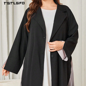 Women Black Abaya Notch Lapel Blazer Style Gradient Pleated Hem Panel Long Sleeve Modest Muslim Elegant Fashion Maxi Dress - Product Image 4