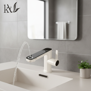 Robinet de lavabo Yake en laiton blanc laiteux à affichage numérique, monotrou, pour salle de bain d'hôtel, avec interrupteur à deux fonctions, eau chaude et froide, à jet ascendante - Product Image 1