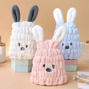 Chapeau de séchage de cheveux en velours corail avec oreilles de lapin mignonnes pour enfants, pour garçons et filles - Super absorbant et à séchage rapide - Product Image 1