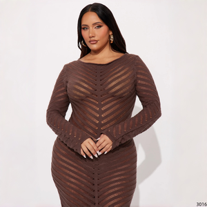 Abito Maglione Taglie Forti a Maniche Lunghe con Scollo Rotondo, Lavorazione Chevron Traforata, Vestito Lungo per Autunno Inverno, Feste, Serate ed Eventi per Donna - Product Image 5