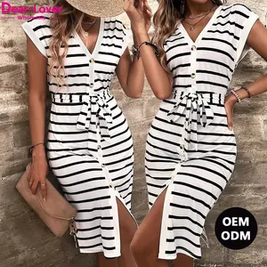 Dear-Lover OEM ODM Wholesale Fast Shipping Summer Short Sleeves V Neck Ladies Stripe Long Maxi T Shirt Dresses