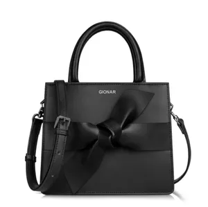 2024 produttore personalizzato borsetta in vera pelle borsetta da donna con papillon nero Mini borsa Tote a tracolla in pelle con cinturino