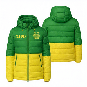 Veste d'hiver rembourrée à capuche verte Chi Eta Phi CEPhi Sorority, style streetwear, avec logo sur le devant, design personnalisé de sororité grecque - Product Image 1