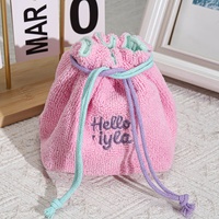 Pochette de rangement cosmétique en tissu éponge rose de luxe avec cordon de serrage, fond carré, imprimé logo personnalisé, pour maquillage et articles de toilette