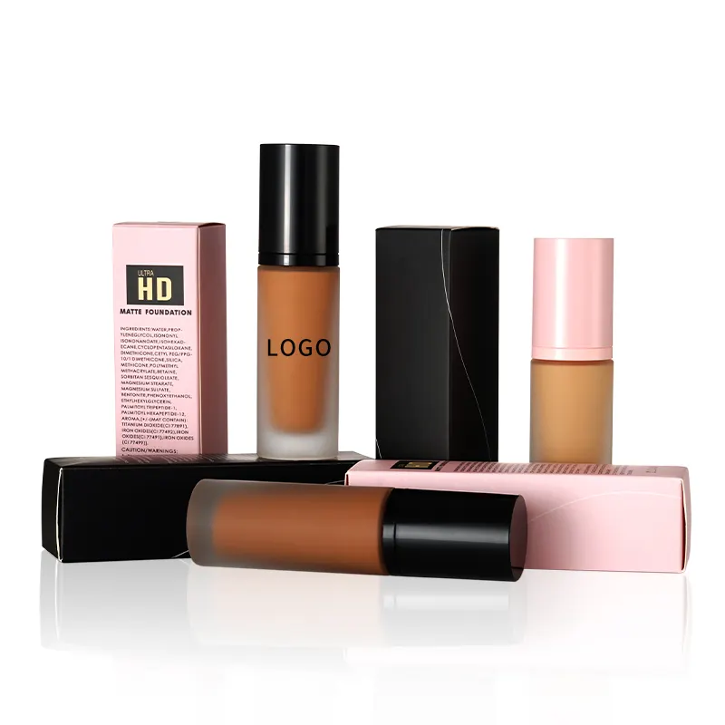 Kustom foundation Anda sendiri 18 warna matte tahan air foundation cair makeup cakupan tinggi paket merah muda dan hitam