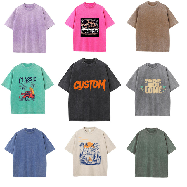 Custom Digital Printing Logo 230 Gsm Cotton Washed T-shirt Acid Wash Distressed Tee Oversized Custom Vintage t Shirt