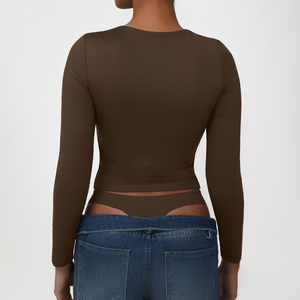 T-shirt modale all'uncinetto da <span class=keywords><strong>donna</strong></span> all'ingrosso graziosa canottiera Slim-Fit a maniche lunghe per abbigliamento Casual primavera autunno tinta unita - Product Image 4