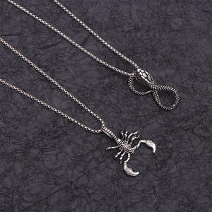 <b>Silver</b> Scorpion And <b>Snake</b> Double Pendant Necklace With Knotted <b>Chain</b> Carved Design Insect Animal Zodiac Fashion Jewelry - Product Image 2