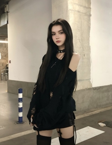 Sexy Ripped Black Sweater Women - Fashionable Off-Shoulder Knit Top with Distressed Details, Slimming Gothic Pullover <strong>Jumper</strong> - Product Image 4