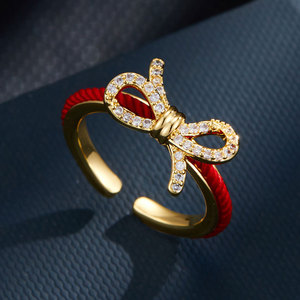 <b>Red</b> String <b>Bow</b> Open Ring Micro Pave Zirconia Adjustable Index Finger Ring For Women - Product Image 1