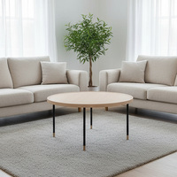 Table basse de style nordique sur mesure, grand plateau rond en bois de frêne clair, quatre supports en métal noir, pour chambre d'hôtes de villa, avec éclairage intégré.