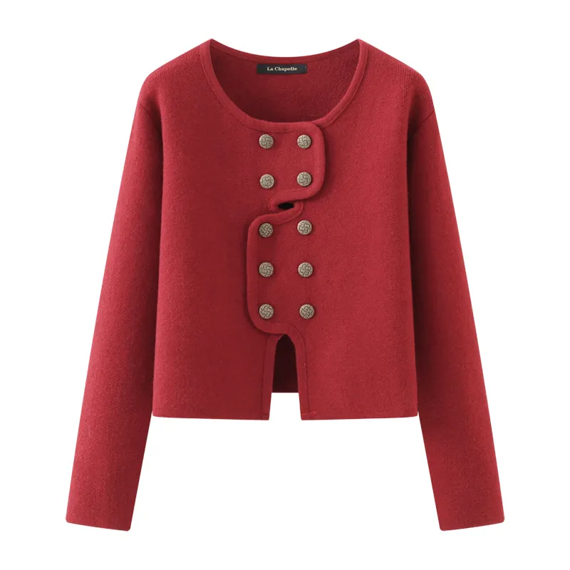 2023 Spring and Autumn New Double breasted Cross Red Knitted Cardigan Women's Round Neck Small Fragrant Design Sweater Coat