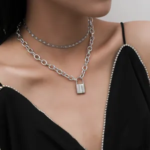 SHIXIN Perhiasan Warna Perak 2 Lapis Rantai Aluminium Hip Hop Kuba Tautan Kalung Pengunci Liontin Kalung untuk Wanita Perhiasan Coouple