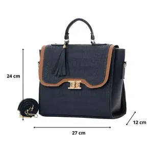 Bolso de mujer Fana Belen M3825, bolso de mano de materiales de bambú en color azul marino con cierre y bolsillo con cremallera - Product Image 4