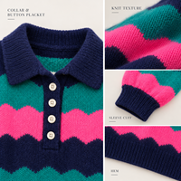 Pull court à manches longues en maille côtelée à rayures ondulées et blocs de couleur personnalisés, col polo boutonné, pour tenues décontractées féminines