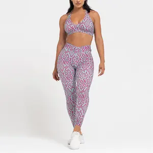 女性高腰活动运动v形剪裁臀部打底裤紫色动物蛇印花健身房健身套装