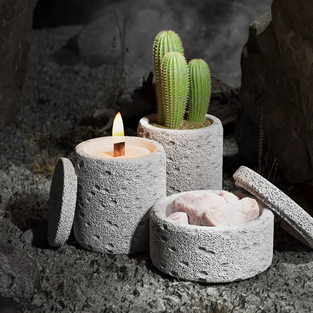 Contenedor de velas vacías de cemento de hormigón multicolor con diseño de tamaño personalizado, tarro de almacenamiento de piedra de aromaterapia con tapa