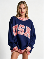 Sweater Wanita OEM Mock Neck HD Print Color Block 100% Katun Fleece Oversized Pullover Jumper