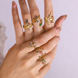 G4766 Wholesale Stainless Steel 18k Gold Plated Rainbow Zircon CZ Leaf <b>Ring</b> for Women Finger <b>Open</b> <b>Rings</b> - Product Image 1