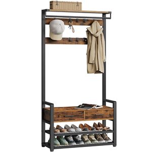 <span class=keywords><strong>Perchero</strong></span> de <span class=keywords><strong>Madera</strong></span> Maciza Estilo Rústico Vintage Color Marrón con Banco Extraíble para Almacenamiento de Zapatos - Product Image 1