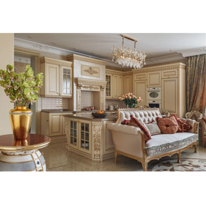 Conjunto de armario de cocina de estilo barroco italiano, diseño de cocina personalizado, armario de cocina de madera con Isla de encimera de cuarzo Artificial - Product Image 3