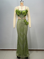 Robes de soirée maxi sirène en maille transparente ornée de strass floraux verts de luxe sur mesure, robe de soirée élégante, tenue de soirée sexy, couture
