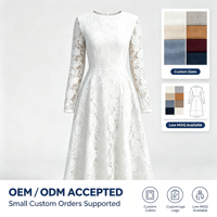 Robe midi élégante pour femme 2026 à col rond et manches longues en dentelle, broderie florale, taille smockée, idéale pour les soirées et les invitées de mariage