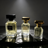 Flacon de parfum vide en verre carré de 50 ml, design luxueux et nouveau, fond épais, avec bouchon en bois lisse