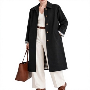 Manteau long élégant pour femme, noir, en laine et polyester, col à revers, manches longues, coupe-vent, fermeture boutonnée, pour l'automne - Product Image 1
